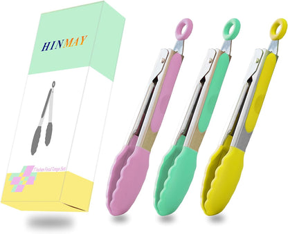 Small Silicone Tongs 7-Inch Mini Serving Tongs, Set of 3 (Black Gray White) | Black Gray White