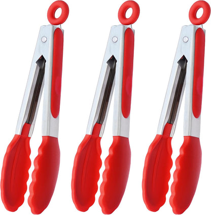 Small Silicone Tongs 7-Inch Mini Serving Tongs, Set of 3 (Black Gray White) | Black Gray White