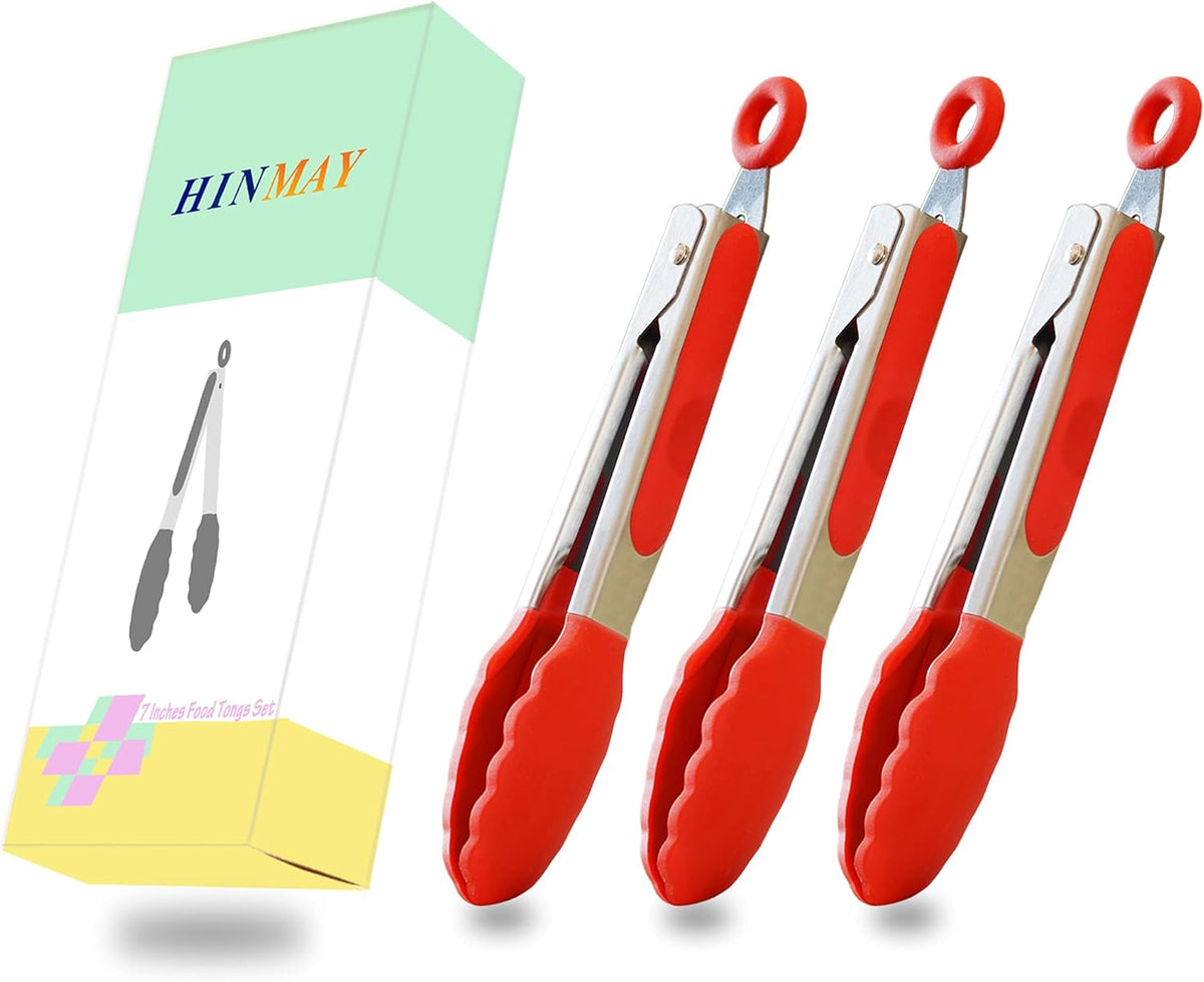 Small Silicone Tongs 7-Inch Mini Serving Tongs, Set of 3 (Black Gray White) | Black Gray White