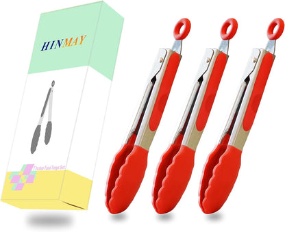 Small Silicone Tongs 7-Inch Mini Serving Tongs, Set of 3 (Black Gray White) | Black Gray White
