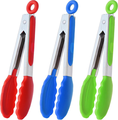 Small Silicone Tongs 7-Inch Mini Serving Tongs, Set of 3 (Black Gray White) | Black Gray White