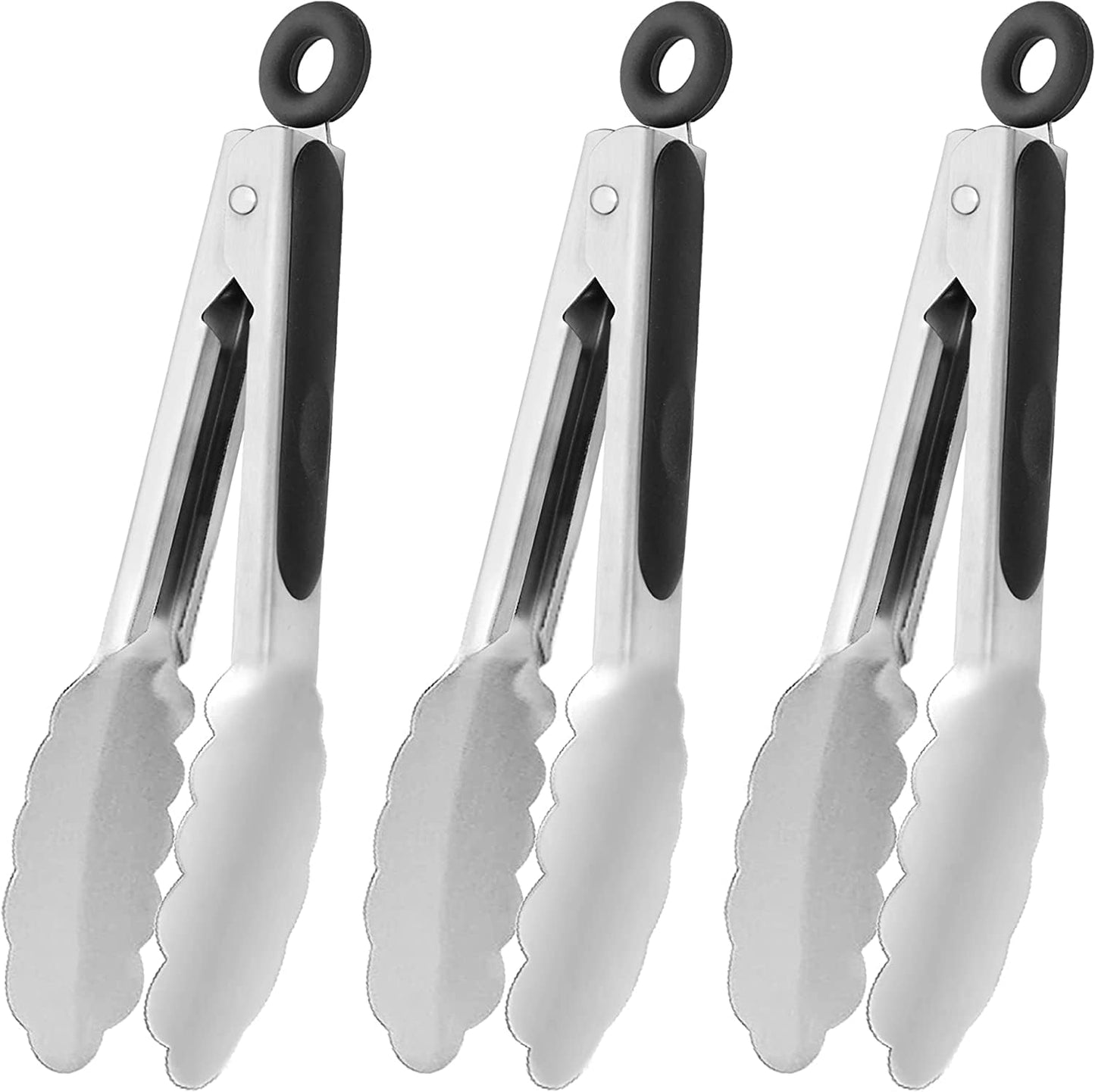 Small Silicone Tongs 7-Inch Mini Serving Tongs, Set of 3 (Black Gray White) | Black Gray White
