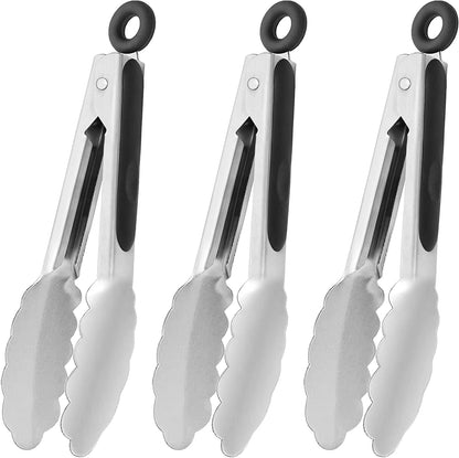 Small Silicone Tongs 7-Inch Mini Serving Tongs, Set of 3 (Black Gray White) | Black Gray White