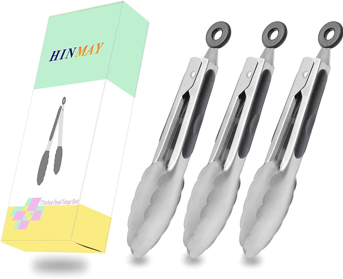 Small Silicone Tongs 7-Inch Mini Serving Tongs, Set of 3 (Black Gray White) | Black Gray White