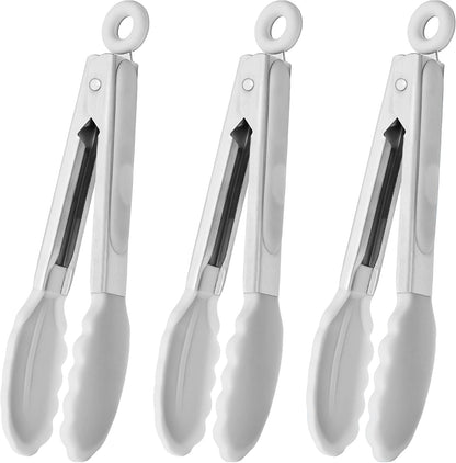 Small Silicone Tongs 7-Inch Mini Serving Tongs, Set of 3 (Black Gray White) | Black Gray White