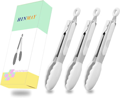 Small Silicone Tongs 7-Inch Mini Serving Tongs, Set of 3 (Black Gray White) | Black Gray White