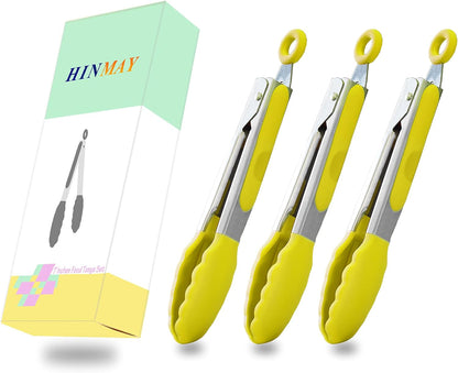 Small Silicone Tongs 7-Inch Mini Serving Tongs, Set of 3 (Black Gray White) | Black Gray White