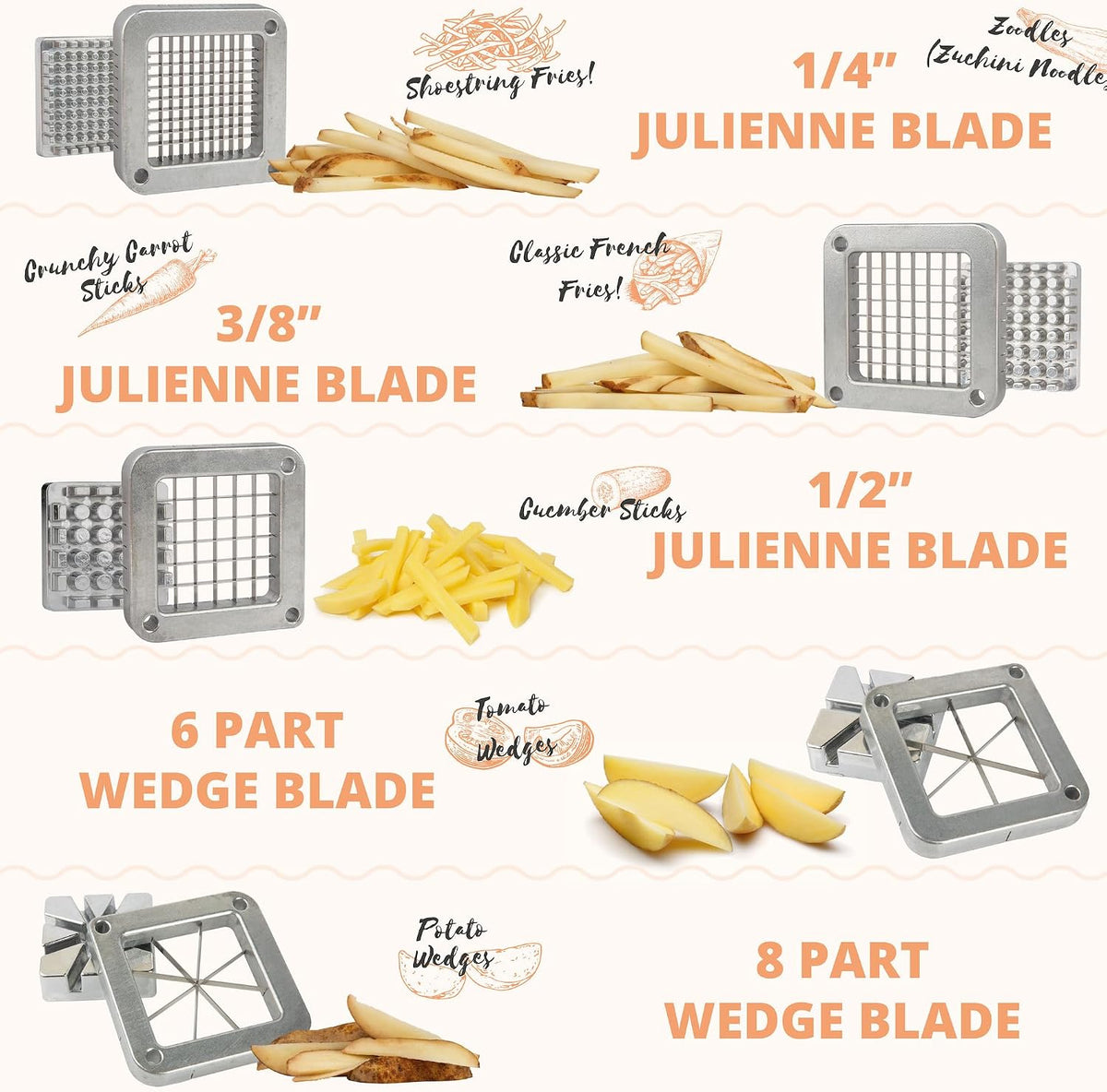 Commercial Grade French Fry Cutter, Complete Combo Sets 15 Pieces