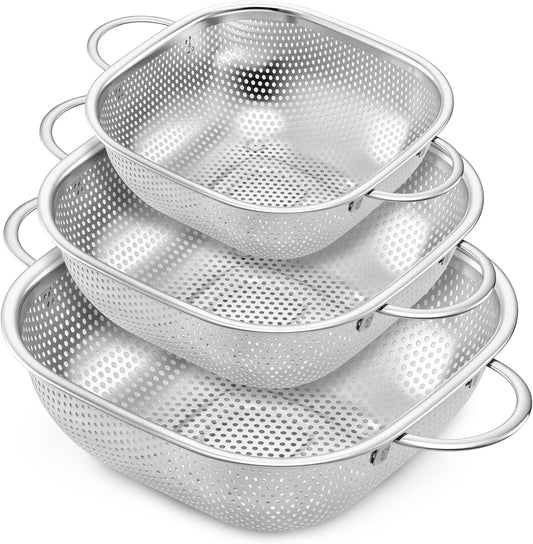 3 Pack Colander for Kitchen, Square Stainless Steel Metal Strainer Colander with Handle for Draining Food Pasta Vegetable, Micro-Perforated & Elevated Feet, Dishwasher Safe(2.4/4/6QT)