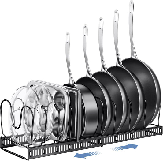Pots and Pans Organizer under Cabinet with Pot Lid Organizer, Expandable Rack for Pan and Pot Organizers Inside Cabinet, 12"-23" Adjustable with 10 Dividers for Kitchen Organization, Black