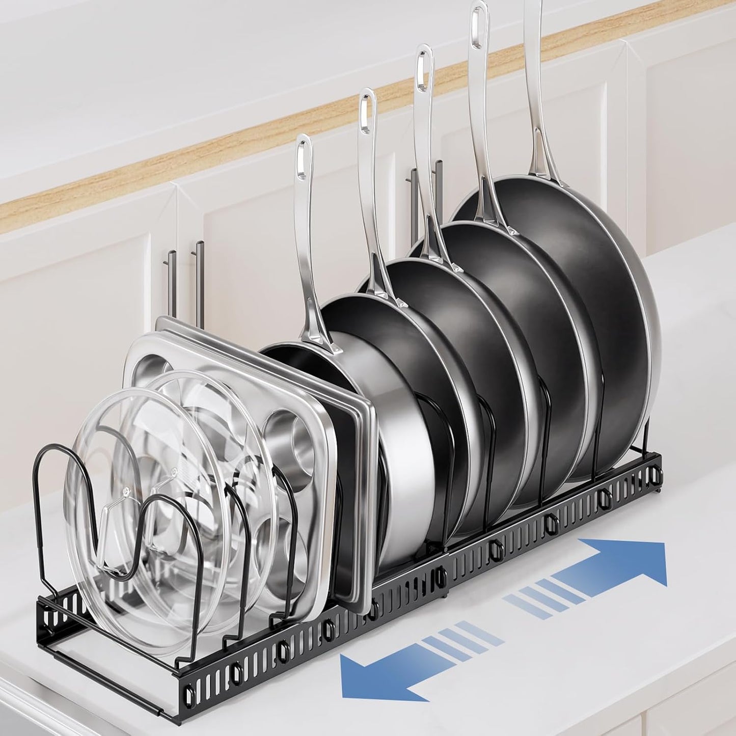 Pots and Pans Organizer under Cabinet with Pot Lid Organizer, Expandable Rack for Pan and Pot Organizers Inside Cabinet, 12"-23" Adjustable with 10 Dividers for Kitchen Organization, Black