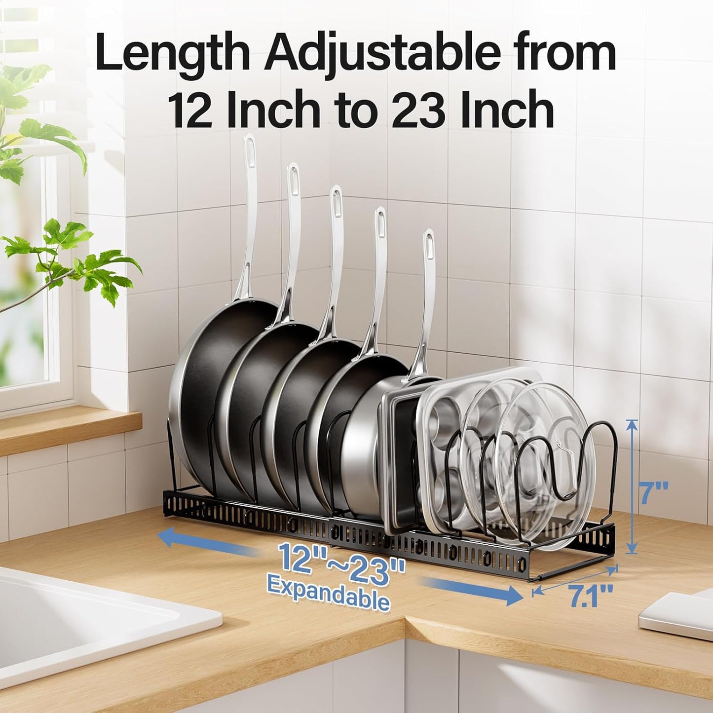Pots and Pans Organizer under Cabinet with Pot Lid Organizer, Expandable Rack for Pan and Pot Organizers Inside Cabinet, 12"-23" Adjustable with 10 Dividers for Kitchen Organization, Black