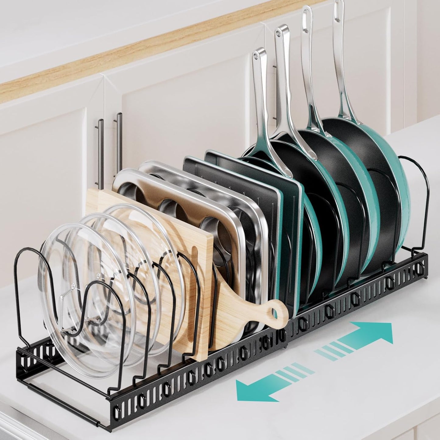 Pots and Pans Organizer under Cabinet with Pot Lid Organizer, Expandable Rack for Pan and Pot Organizers Inside Cabinet, 12"-23" Adjustable with 10 Dividers for Kitchen Organization, Black
