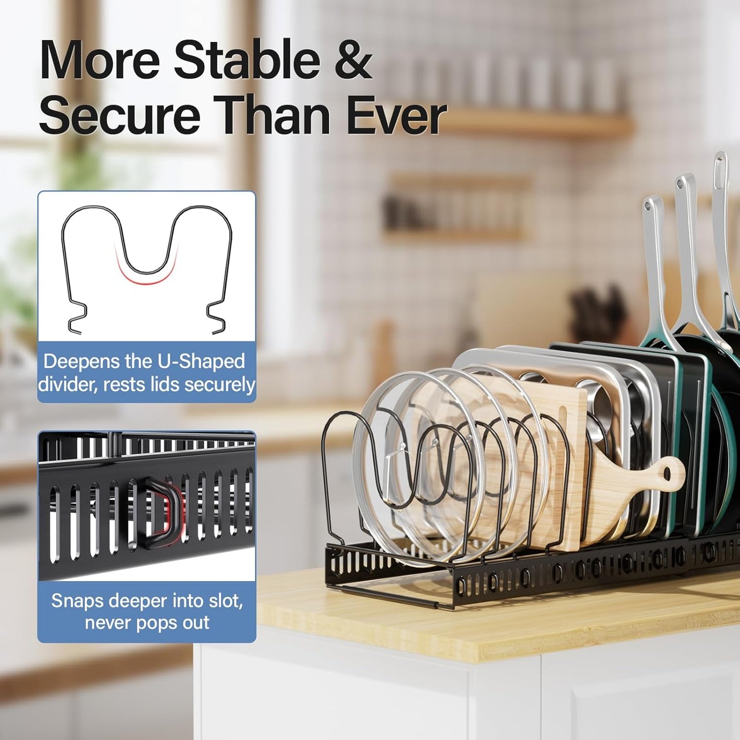 Pots and Pans Organizer under Cabinet with Pot Lid Organizer, Expandable Rack for Pan and Pot Organizers Inside Cabinet, 12"-23" Adjustable with 10 Dividers for Kitchen Organization, Black
