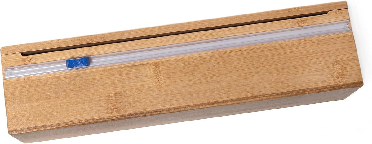 Bamboo Wood Kitchen Wrap Dispenser with Cutter for Standard 12" Wide Rolls of Aluminum Foil, Plastic Wrap, or Wax Paper, 13 7/8" x 3 3/8" x 3 1/2"