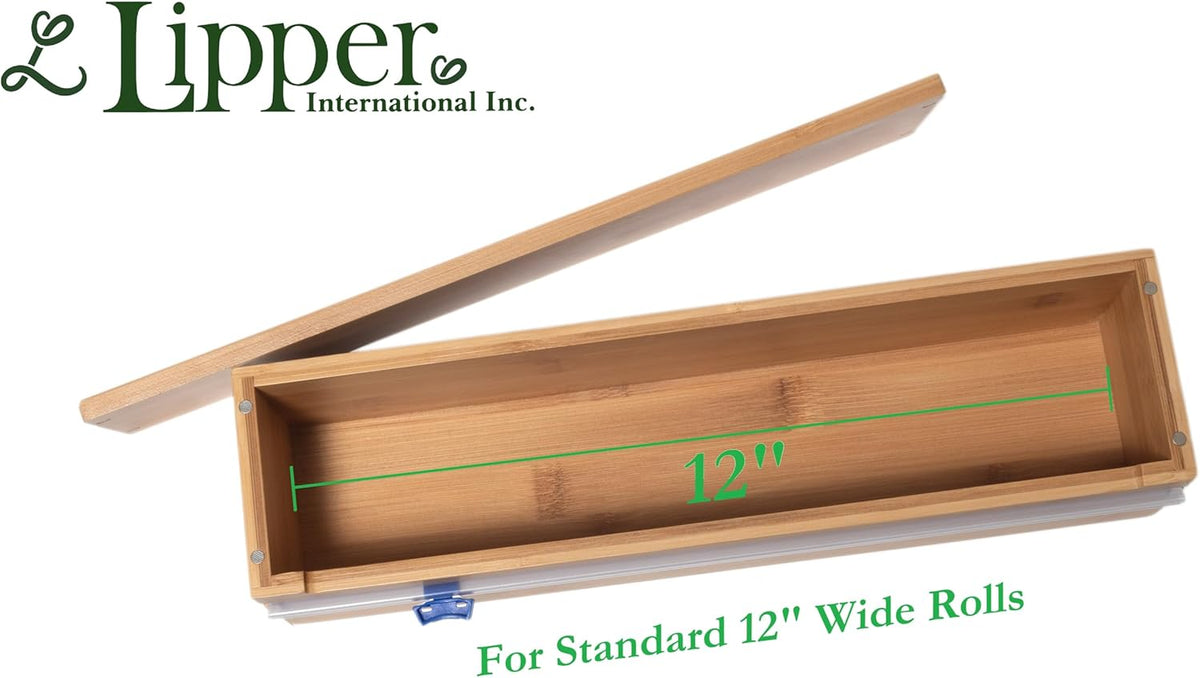 Bamboo Wood Kitchen Wrap Dispenser with Cutter for Standard 12" Wide Rolls of Aluminum Foil, Plastic Wrap, or Wax Paper, 13 7/8" x 3 3/8" x 3 1/2"