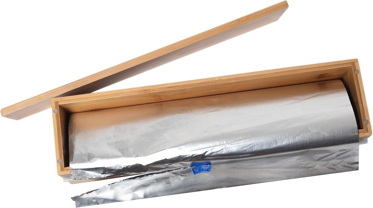 Bamboo Wood Kitchen Wrap Dispenser with Cutter for Standard 12" Wide Rolls of Aluminum Foil, Plastic Wrap, or Wax Paper, 13 7/8" x 3 3/8" x 3 1/2"