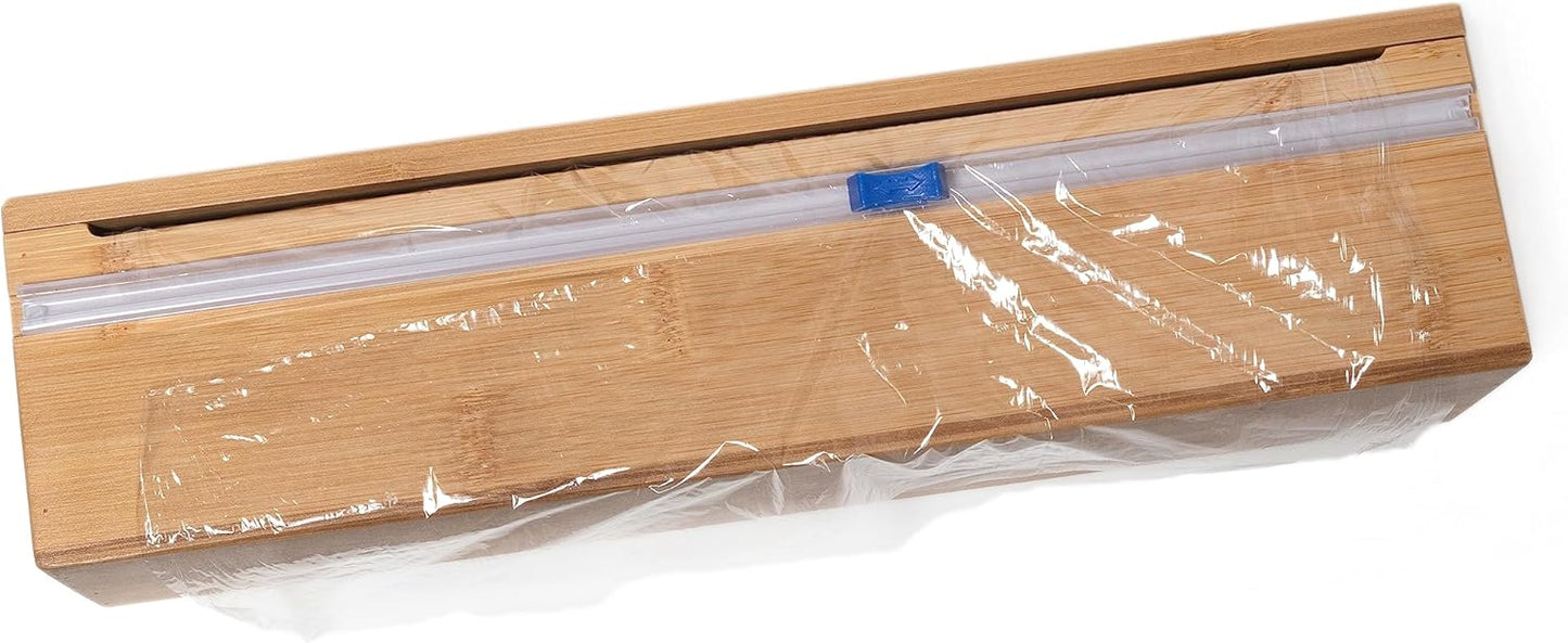Bamboo Wood Kitchen Wrap Dispenser with Cutter for Standard 12" Wide Rolls of Aluminum Foil, Plastic Wrap, or Wax Paper, 13 7/8" x 3 3/8" x 3 1/2"