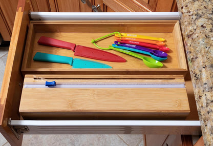 Bamboo Wood Kitchen Wrap Dispenser with Cutter for Standard 12" Wide Rolls of Aluminum Foil, Plastic Wrap, or Wax Paper, 13 7/8" x 3 3/8" x 3 1/2"