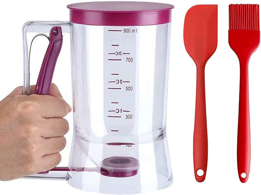 4 Cup Pancake Cupcake Batter Dispense with Measuring Label | 900mL Squeeze Handle Bracket, Silicone Food Brush Included, for Cupcakes Crepes Cakes & Any Baked Goods