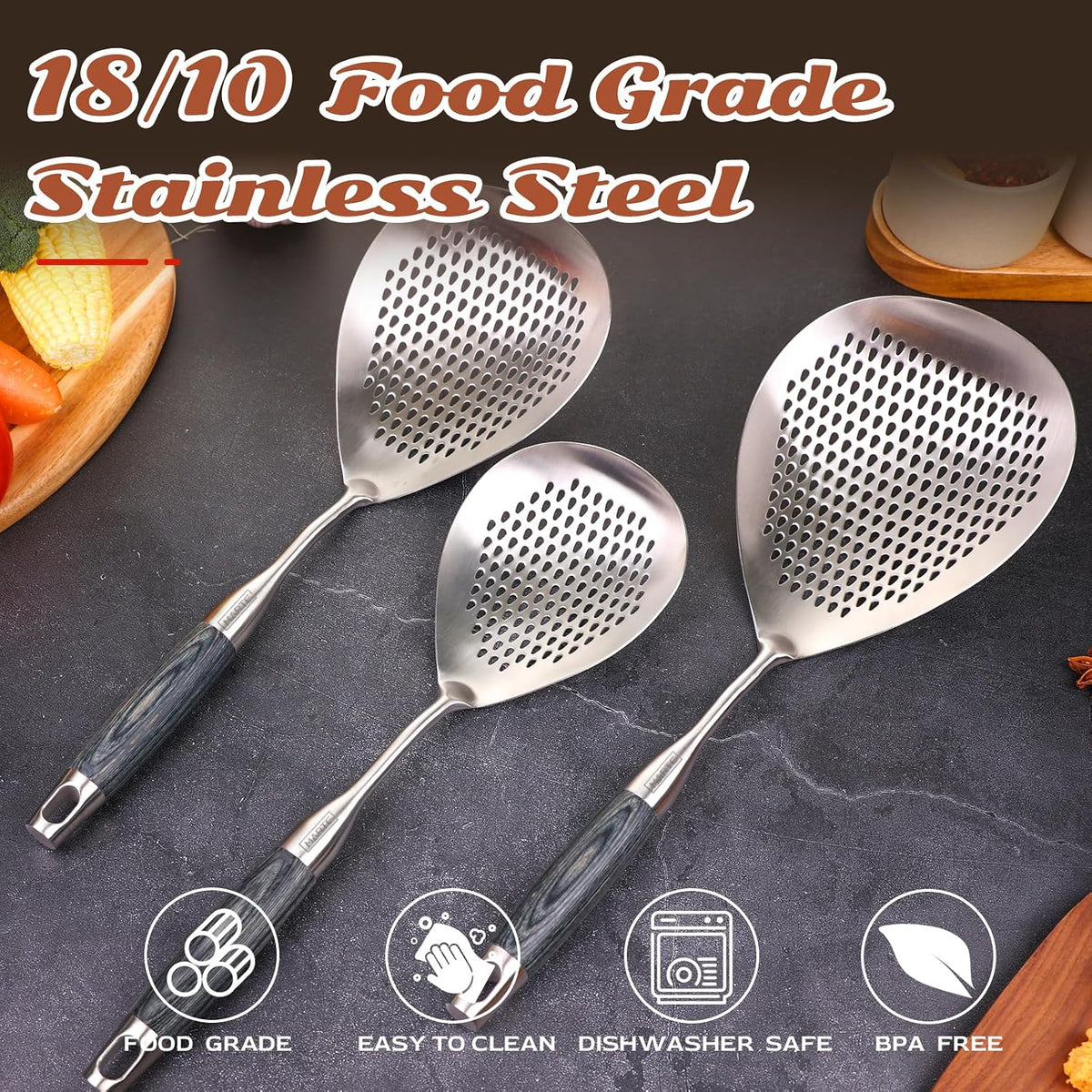 Skimmer Slotted Spoon Set of 4 - Kitchen Pasta Strainer Spoon - Spider Strainer Skimmer Ladle Spoon with Holder for Cooking and Frying Food, Spaghetti, Vegetable, Dumpling - 14.8In,16.5In,17In