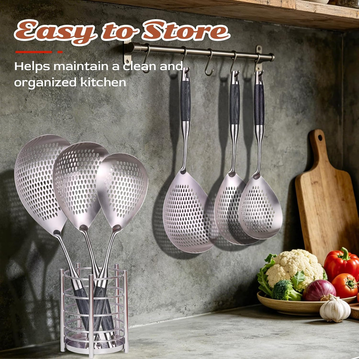 Skimmer Slotted Spoon Set of 4 - Kitchen Pasta Strainer Spoon - Spider Strainer Skimmer Ladle Spoon with Holder for Cooking and Frying Food, Spaghetti, Vegetable, Dumpling - 14.8In,16.5In,17In