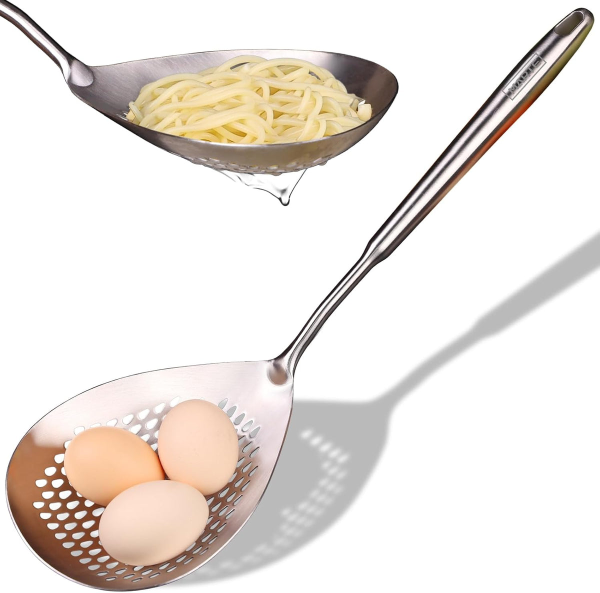 Skimmer Slotted Spoon Set of 4 - Kitchen Pasta Strainer Spoon - Spider Strainer Skimmer Ladle Spoon with Holder for Cooking and Frying Food, Spaghetti, Vegetable, Dumpling - 14.8In,16.5In,17In