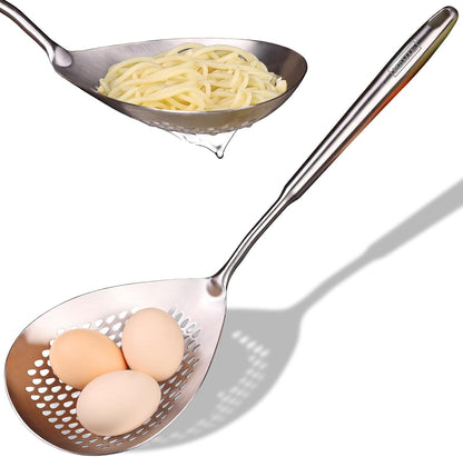 Skimmer Slotted Spoon Set of 4 - Kitchen Pasta Strainer Spoon - Spider Strainer Skimmer Ladle Spoon with Holder for Cooking and Frying Food, Spaghetti, Vegetable, Dumpling - 14.8In,16.5In,17In