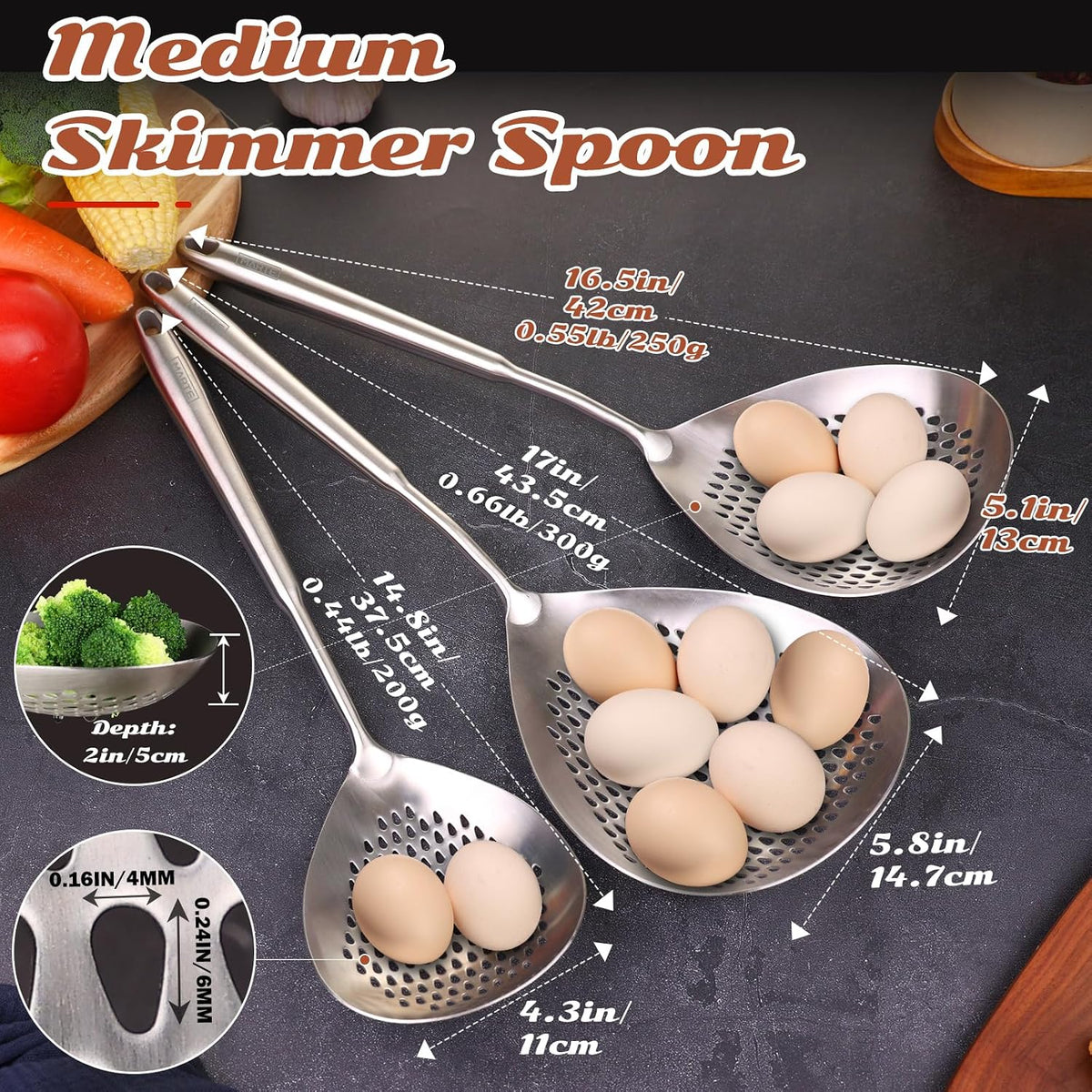 Skimmer Slotted Spoon Set of 4 - Kitchen Pasta Strainer Spoon - Spider Strainer Skimmer Ladle Spoon with Holder for Cooking and Frying Food, Spaghetti, Vegetable, Dumpling - 14.8In,16.5In,17In