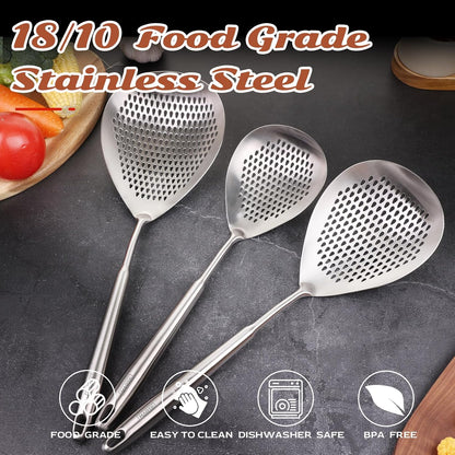 Skimmer Slotted Spoon Set of 4 - Kitchen Pasta Strainer Spoon - Spider Strainer Skimmer Ladle Spoon with Holder for Cooking and Frying Food, Spaghetti, Vegetable, Dumpling - 14.8In,16.5In,17In