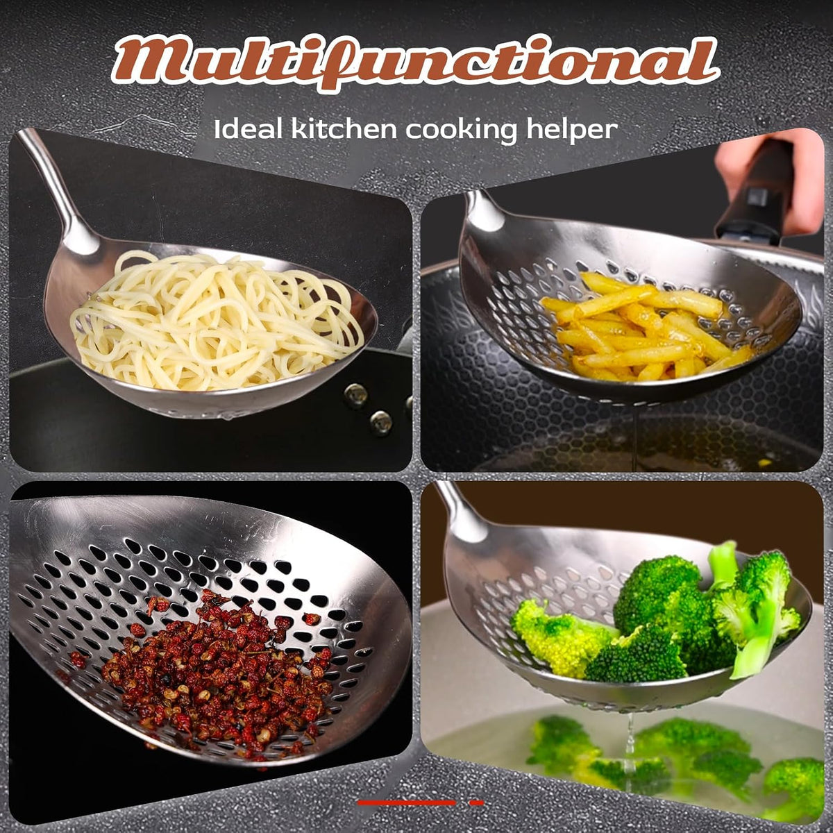 Skimmer Slotted Spoon Set of 4 - Kitchen Pasta Strainer Spoon - Spider Strainer Skimmer Ladle Spoon with Holder for Cooking and Frying Food, Spaghetti, Vegetable, Dumpling - 14.8In,16.5In,17In