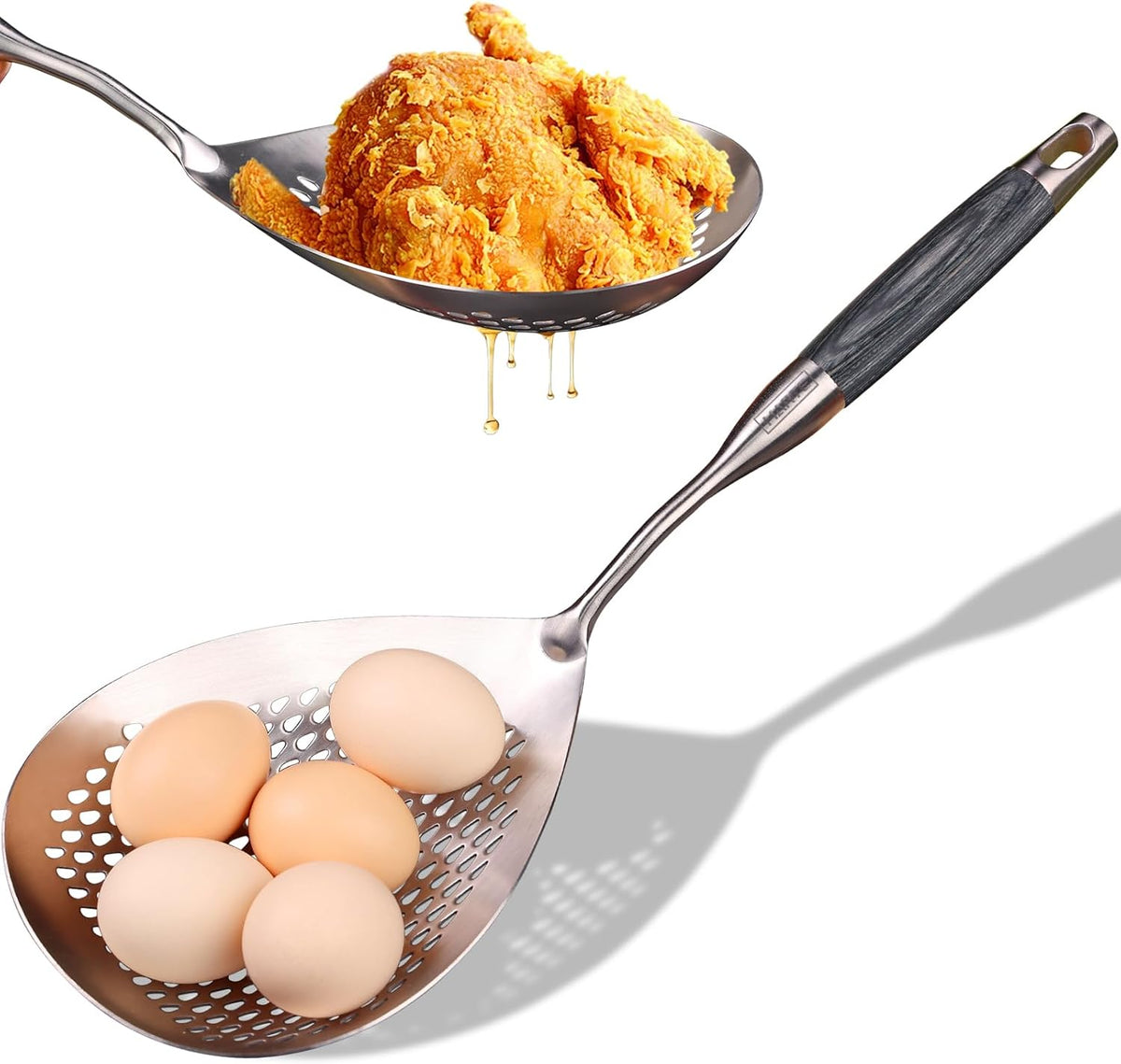 Skimmer Slotted Spoon Set of 4 - Kitchen Pasta Strainer Spoon - Spider Strainer Skimmer Ladle Spoon with Holder for Cooking and Frying Food, Spaghetti, Vegetable, Dumpling - 14.8In,16.5In,17In