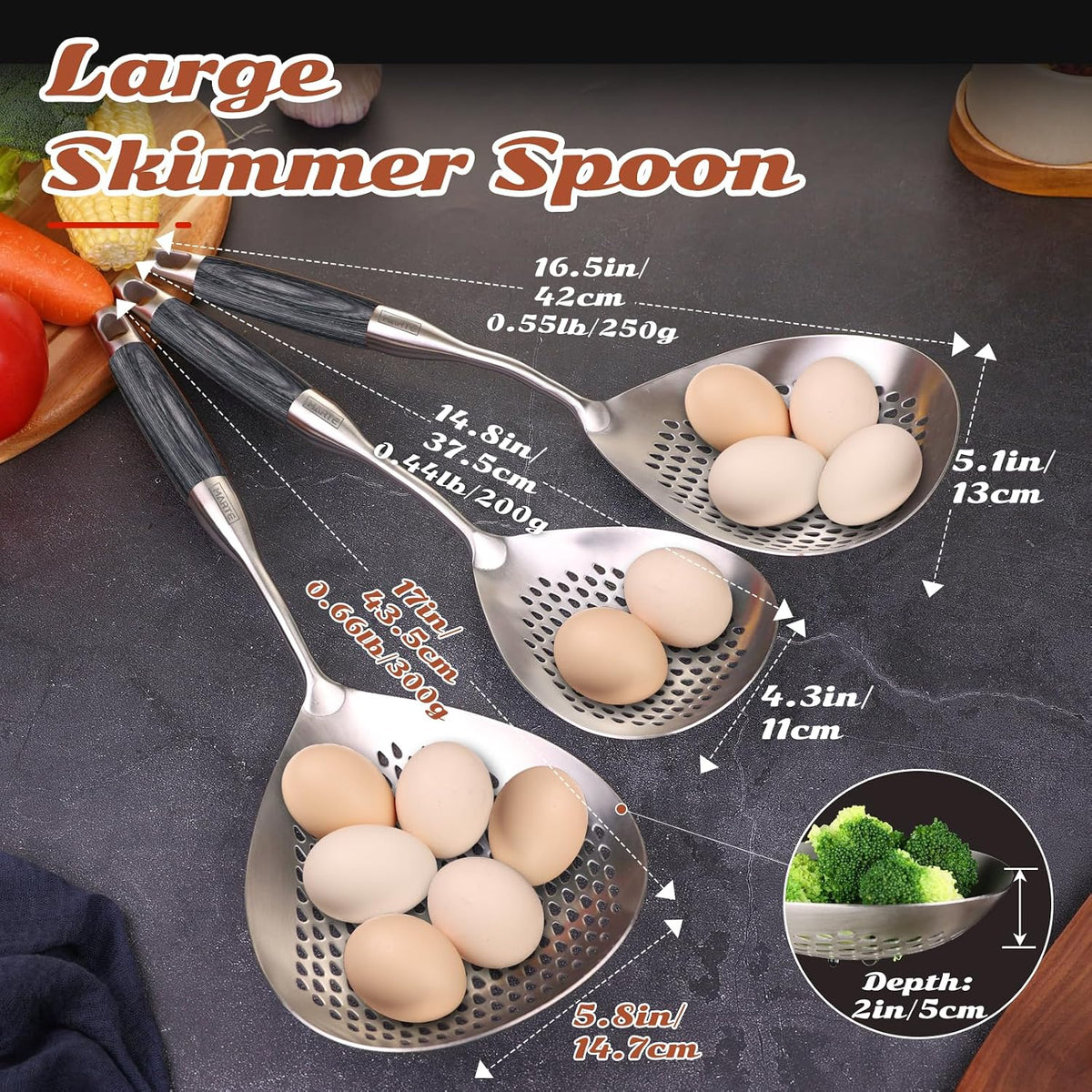 Skimmer Slotted Spoon Set of 4 - Kitchen Pasta Strainer Spoon - Spider Strainer Skimmer Ladle Spoon with Holder for Cooking and Frying Food, Spaghetti, Vegetable, Dumpling - 14.8In,16.5In,17In