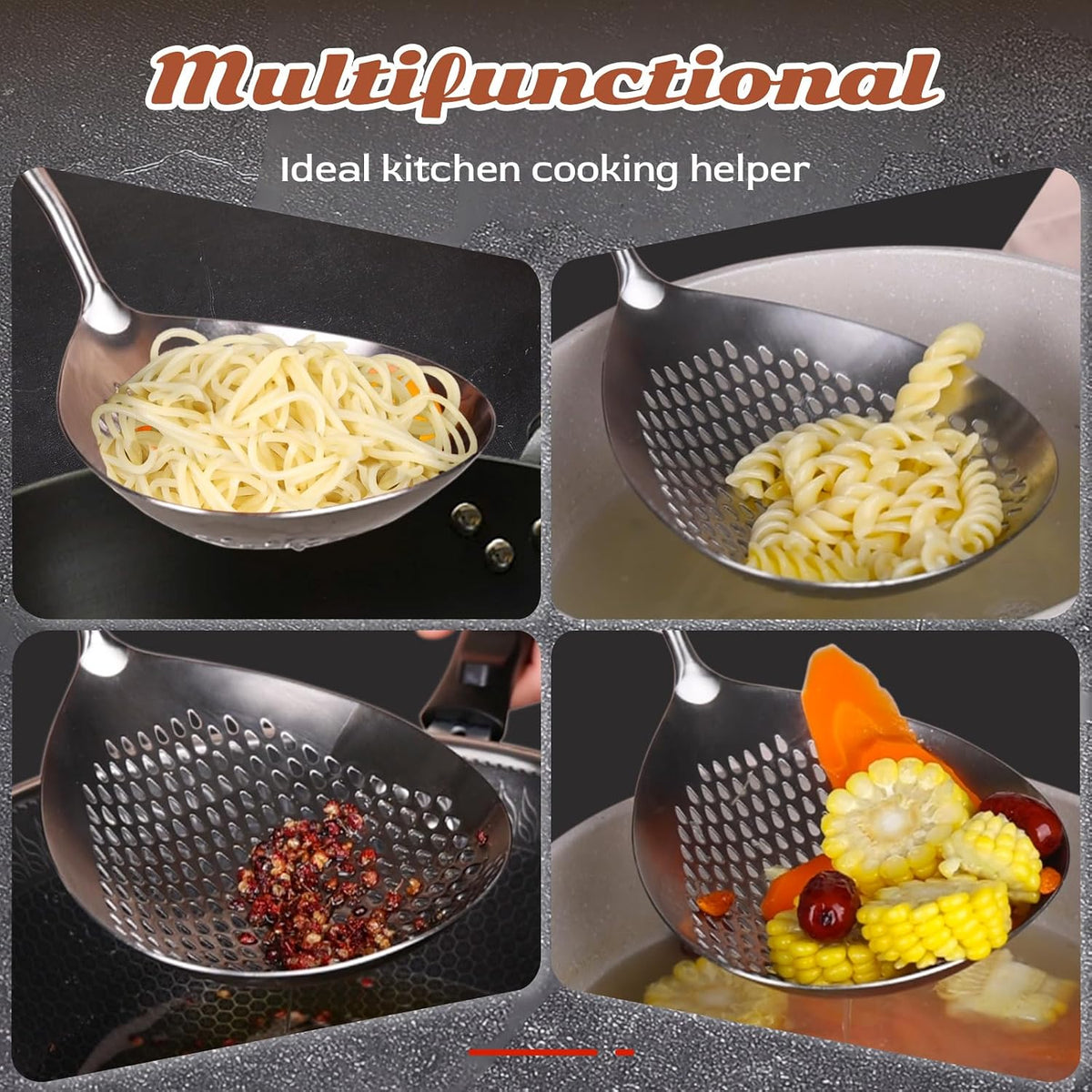 Skimmer Slotted Spoon Set of 4 - Kitchen Pasta Strainer Spoon - Spider Strainer Skimmer Ladle Spoon with Holder for Cooking and Frying Food, Spaghetti, Vegetable, Dumpling - 14.8In,16.5In,17In