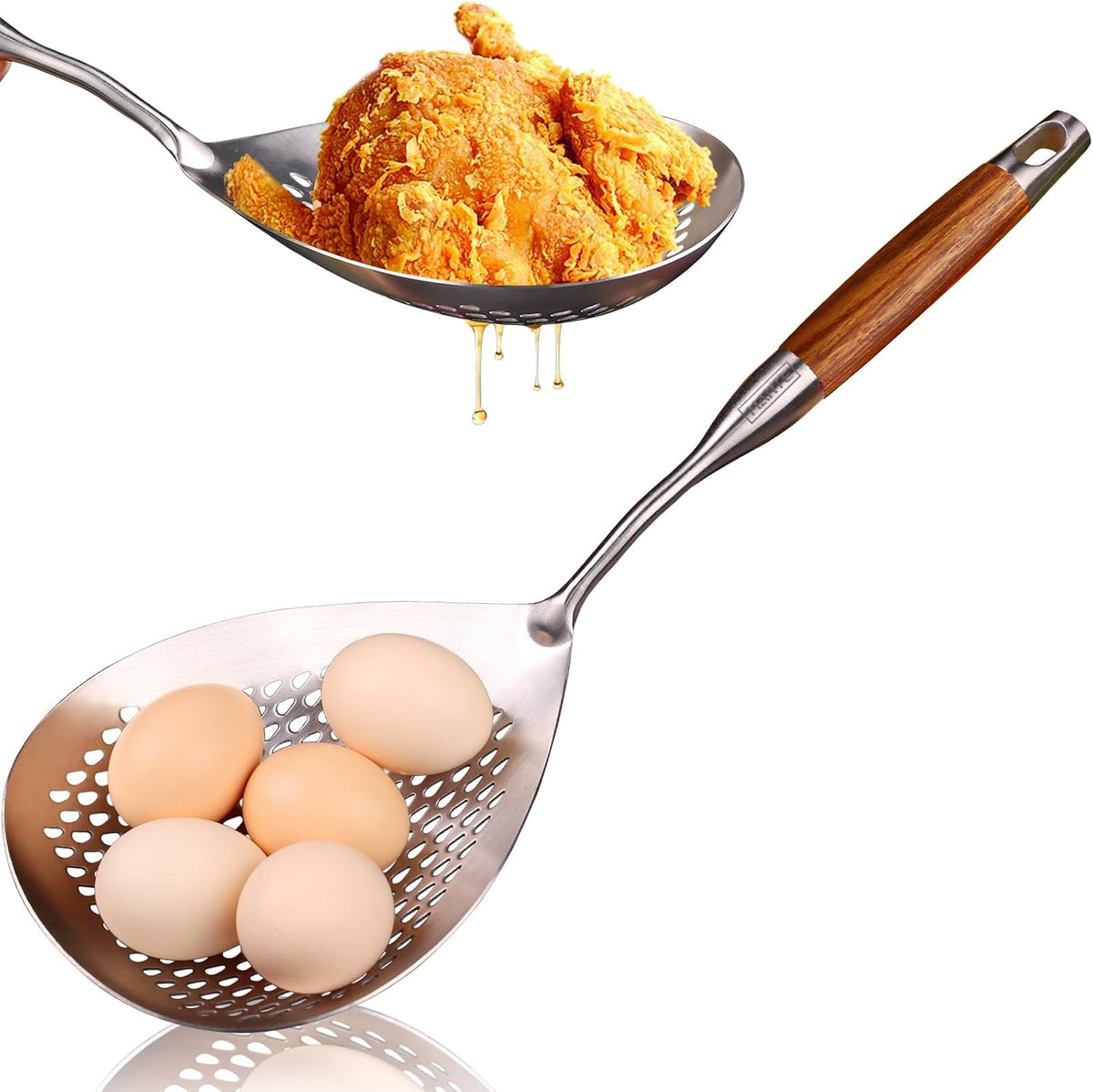 Skimmer Slotted Spoon Set of 4 - Kitchen Pasta Strainer Spoon - Spider Strainer Skimmer Ladle Spoon with Holder for Cooking and Frying Food, Spaghetti, Vegetable, Dumpling - 14.8In,16.5In,17In