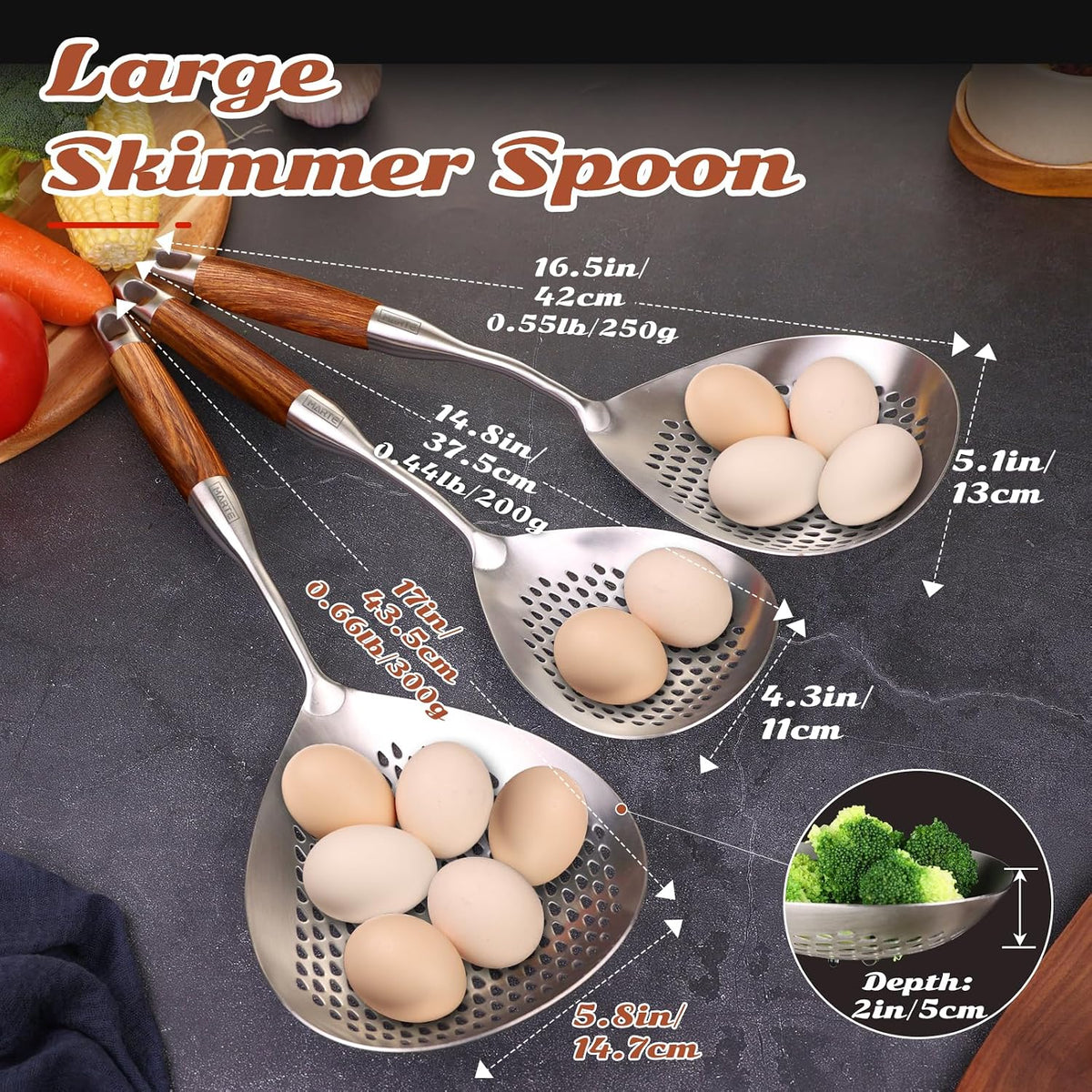 Skimmer Slotted Spoon Set of 4 - Kitchen Pasta Strainer Spoon - Spider Strainer Skimmer Ladle Spoon with Holder for Cooking and Frying Food, Spaghetti, Vegetable, Dumpling - 14.8In,16.5In,17In