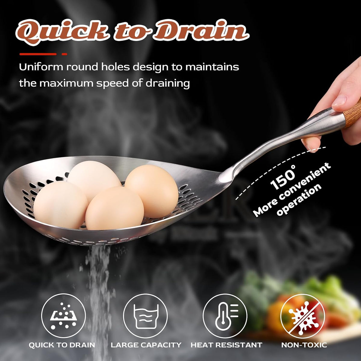 Skimmer Slotted Spoon Set of 4 - Kitchen Pasta Strainer Spoon - Spider Strainer Skimmer Ladle Spoon with Holder for Cooking and Frying Food, Spaghetti, Vegetable, Dumpling - 14.8In,16.5In,17In
