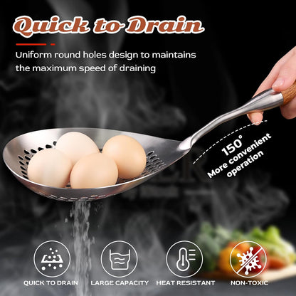 Skimmer Slotted Spoon Set of 4 - Kitchen Pasta Strainer Spoon - Spider Strainer Skimmer Ladle Spoon with Holder for Cooking and Frying Food, Spaghetti, Vegetable, Dumpling - 14.8In,16.5In,17In