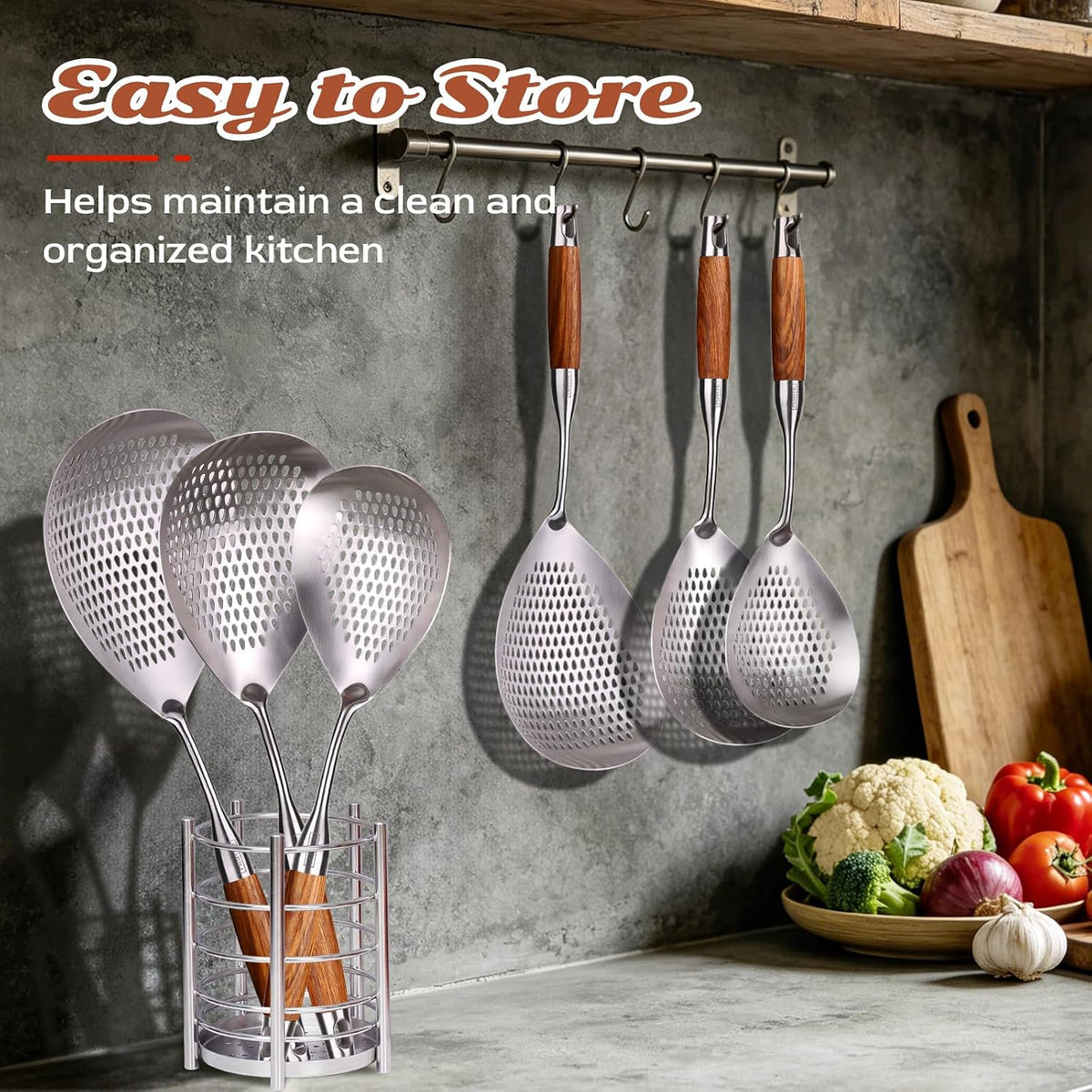 Skimmer Slotted Spoon Set of 4 - Kitchen Pasta Strainer Spoon - Spider Strainer Skimmer Ladle Spoon with Holder for Cooking and Frying Food, Spaghetti, Vegetable, Dumpling - 14.8In,16.5In,17In