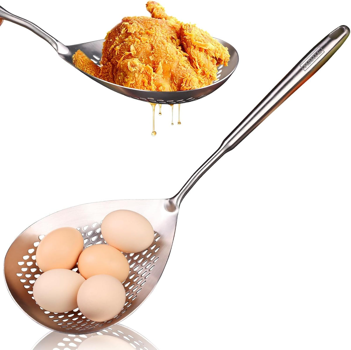 Skimmer Slotted Spoon Set of 4 - Kitchen Pasta Strainer Spoon - Spider Strainer Skimmer Ladle Spoon with Holder for Cooking and Frying Food, Spaghetti, Vegetable, Dumpling - 14.8In,16.5In,17In