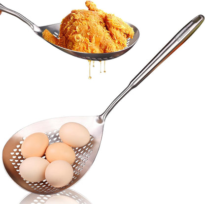 Skimmer Slotted Spoon Set of 4 - Kitchen Pasta Strainer Spoon - Spider Strainer Skimmer Ladle Spoon with Holder for Cooking and Frying Food, Spaghetti, Vegetable, Dumpling - 14.8In,16.5In,17In