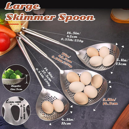 Skimmer Slotted Spoon Set of 4 - Kitchen Pasta Strainer Spoon - Spider Strainer Skimmer Ladle Spoon with Holder for Cooking and Frying Food, Spaghetti, Vegetable, Dumpling - 14.8In,16.5In,17In