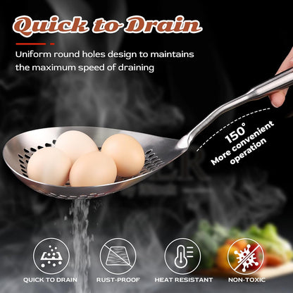 Skimmer Slotted Spoon Set of 4 - Kitchen Pasta Strainer Spoon - Spider Strainer Skimmer Ladle Spoon with Holder for Cooking and Frying Food, Spaghetti, Vegetable, Dumpling - 14.8In,16.5In,17In