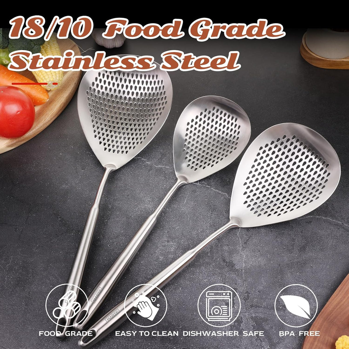 Skimmer Slotted Spoon Set of 4 - Kitchen Pasta Strainer Spoon - Spider Strainer Skimmer Ladle Spoon with Holder for Cooking and Frying Food, Spaghetti, Vegetable, Dumpling - 14.8In,16.5In,17In