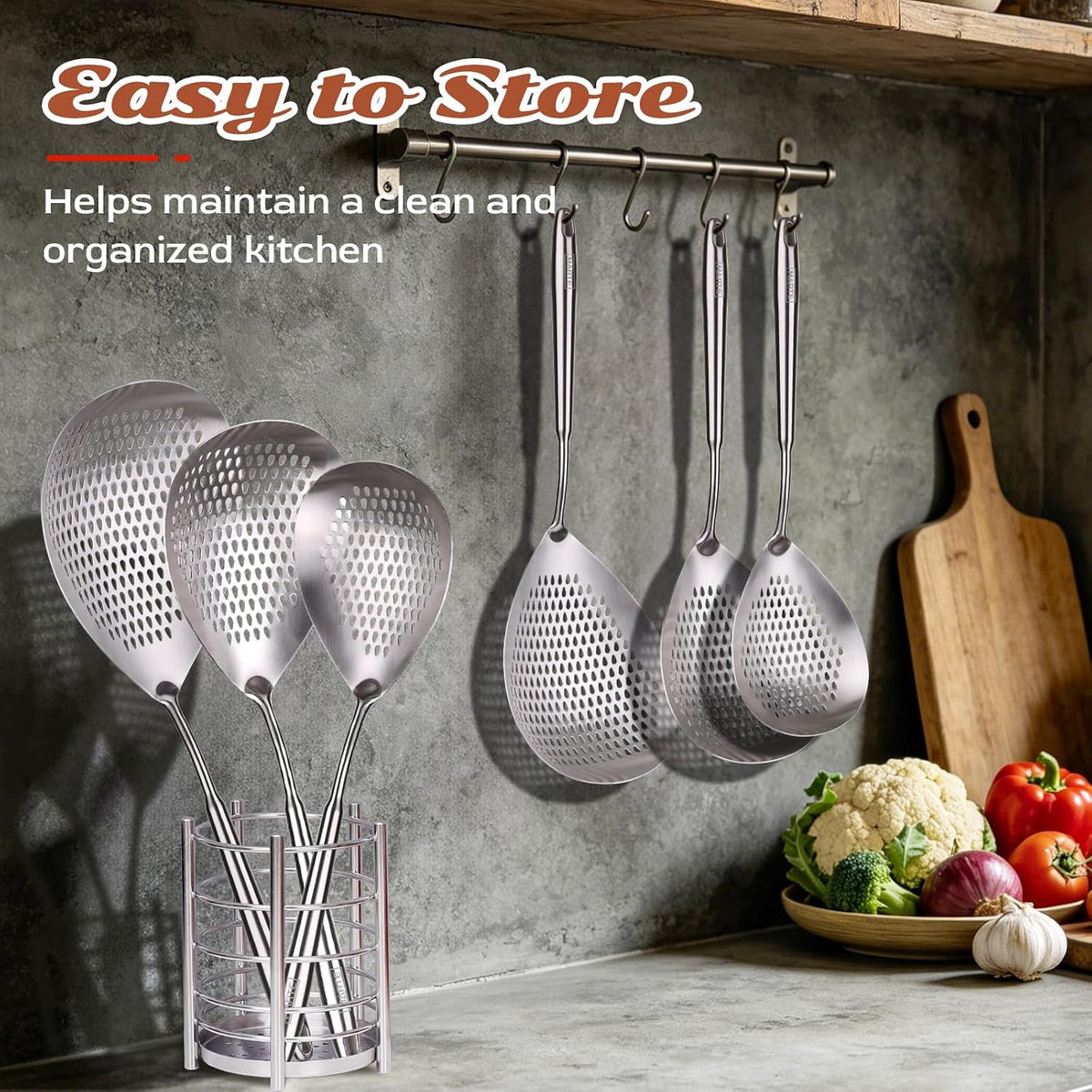 Skimmer Slotted Spoon Set of 4 - Kitchen Pasta Strainer Spoon - Spider Strainer Skimmer Ladle Spoon with Holder for Cooking and Frying Food, Spaghetti, Vegetable, Dumpling - 14.8In,16.5In,17In