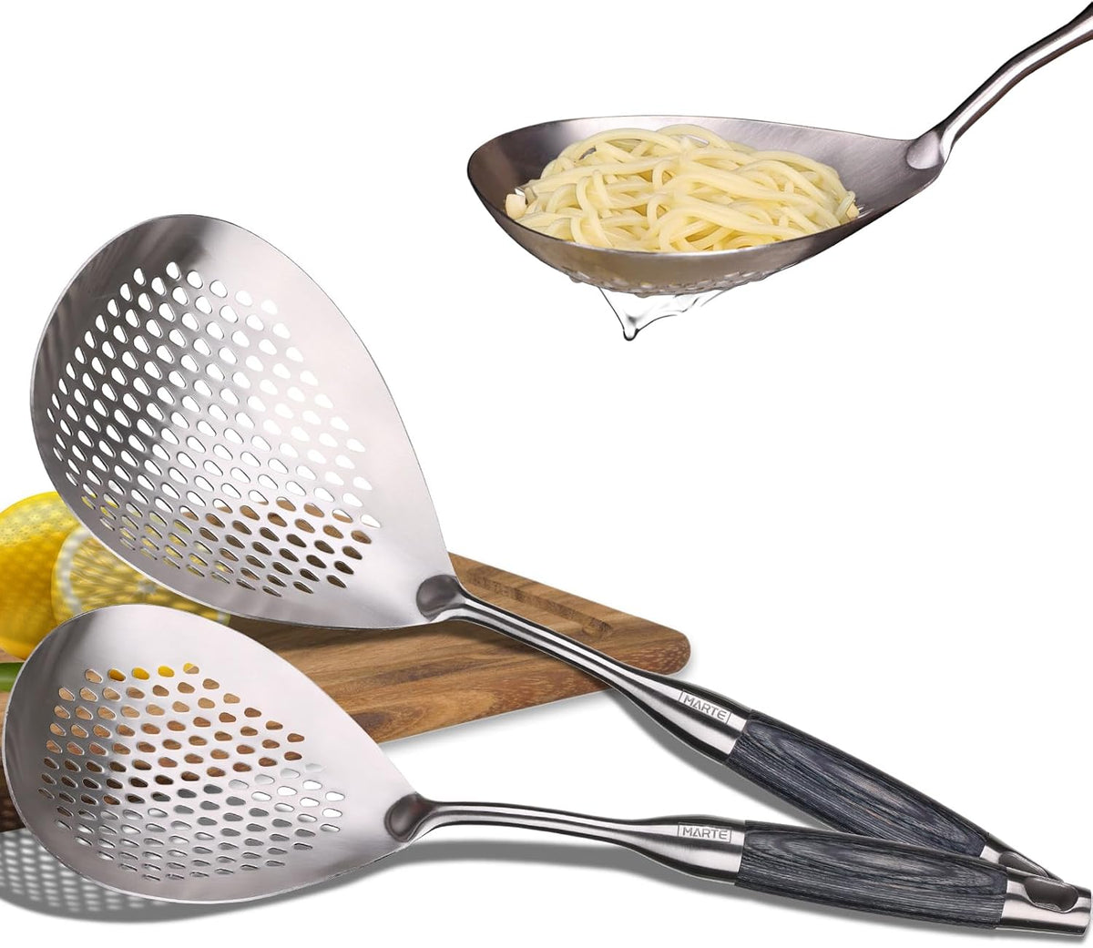 Skimmer Slotted Spoon Set of 4 - Kitchen Pasta Strainer Spoon - Spider Strainer Skimmer Ladle Spoon with Holder for Cooking and Frying Food, Spaghetti, Vegetable, Dumpling - 14.8In,16.5In,17In