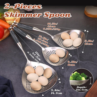 Skimmer Slotted Spoon Set of 4 - Kitchen Pasta Strainer Spoon - Spider Strainer Skimmer Ladle Spoon with Holder for Cooking and Frying Food, Spaghetti, Vegetable, Dumpling - 14.8In,16.5In,17In