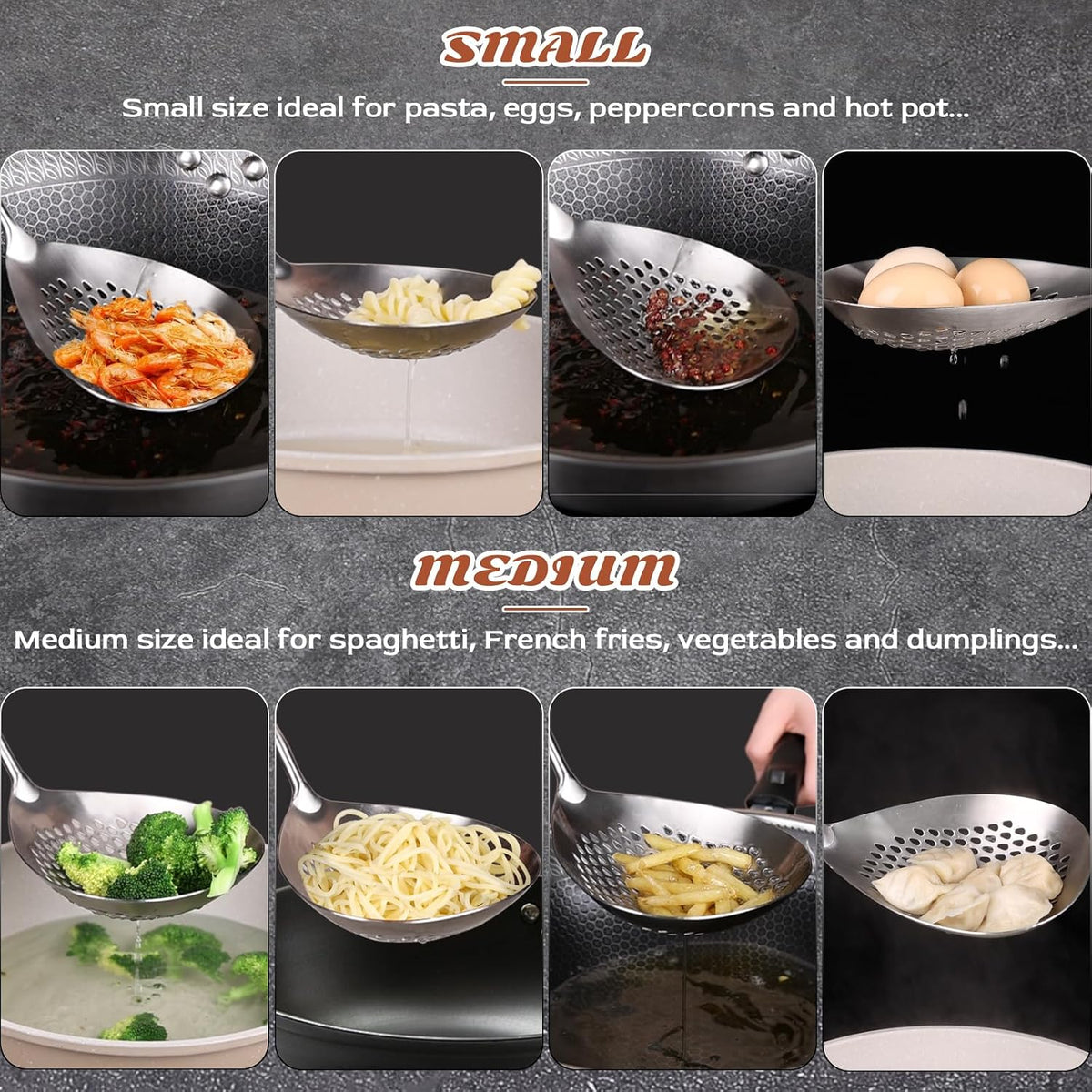 Skimmer Slotted Spoon Set of 4 - Kitchen Pasta Strainer Spoon - Spider Strainer Skimmer Ladle Spoon with Holder for Cooking and Frying Food, Spaghetti, Vegetable, Dumpling - 14.8In,16.5In,17In