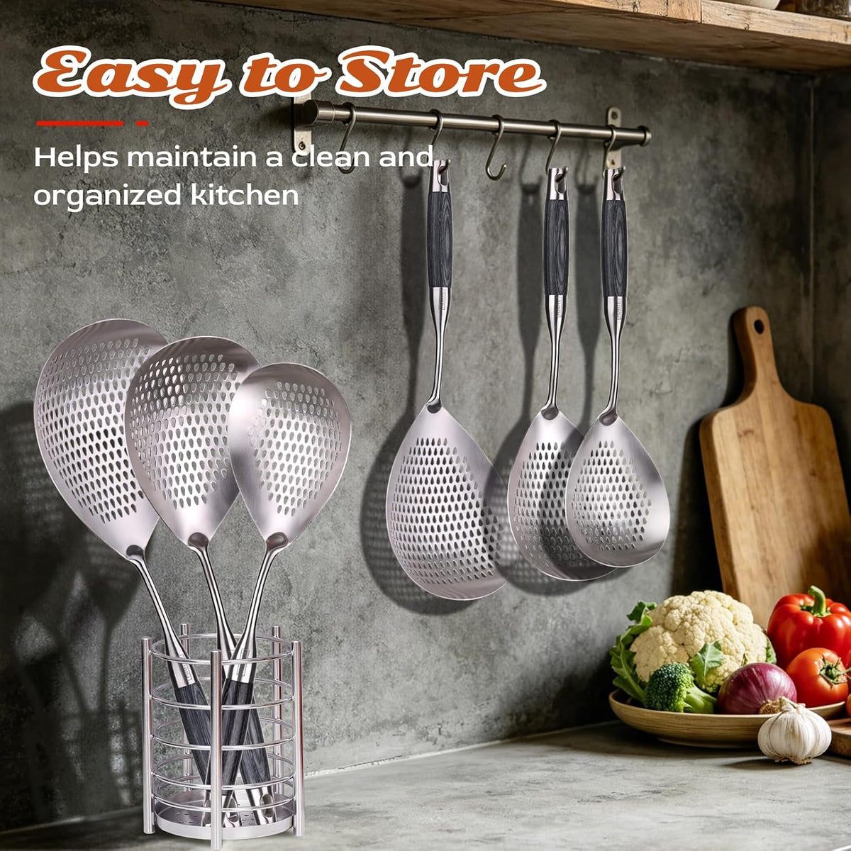 Skimmer Slotted Spoon Set of 4 - Kitchen Pasta Strainer Spoon - Spider Strainer Skimmer Ladle Spoon with Holder for Cooking and Frying Food, Spaghetti, Vegetable, Dumpling - 14.8In,16.5In,17In