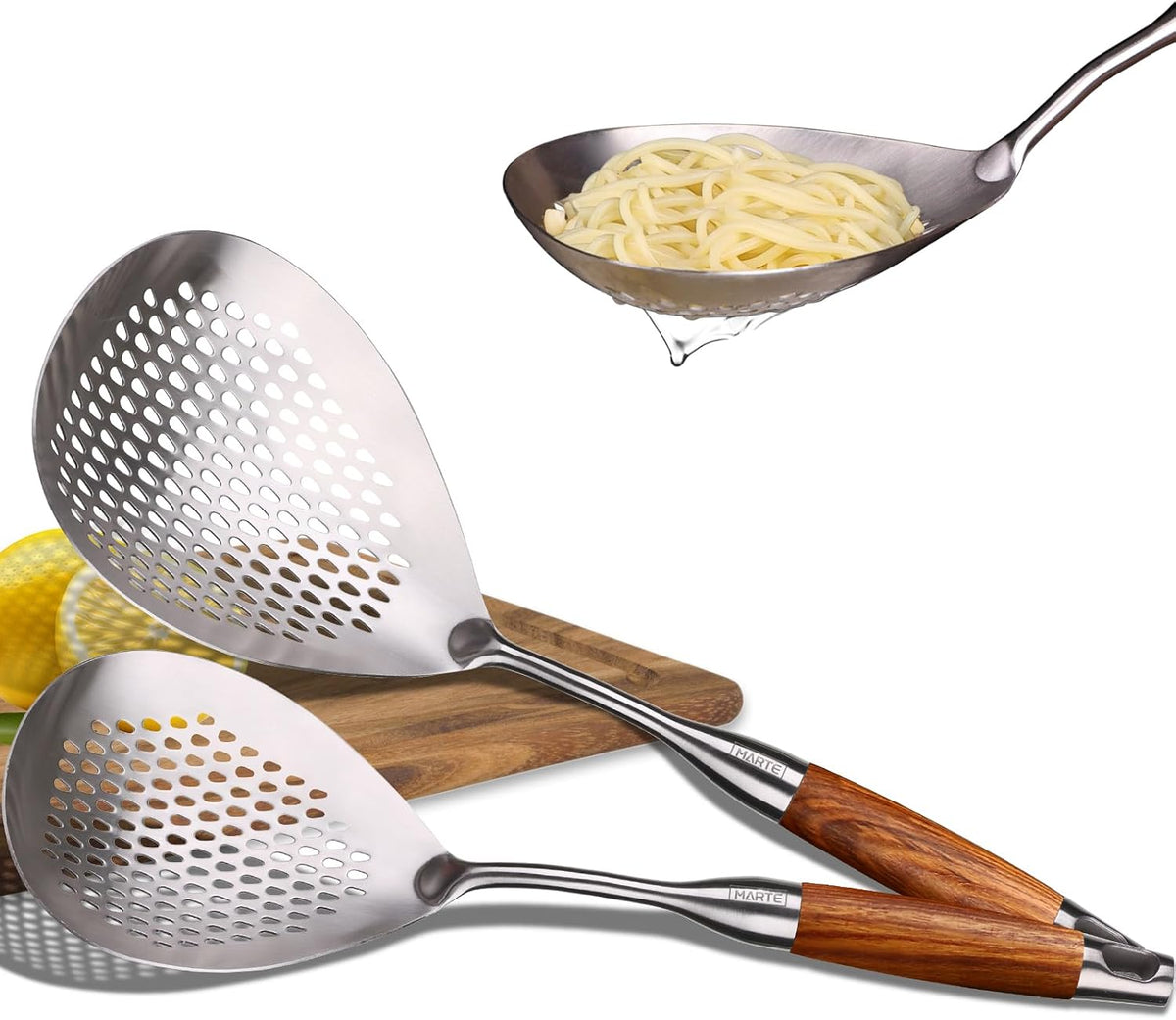 Skimmer Slotted Spoon Set of 4 - Kitchen Pasta Strainer Spoon - Spider Strainer Skimmer Ladle Spoon with Holder for Cooking and Frying Food, Spaghetti, Vegetable, Dumpling - 14.8In,16.5In,17In